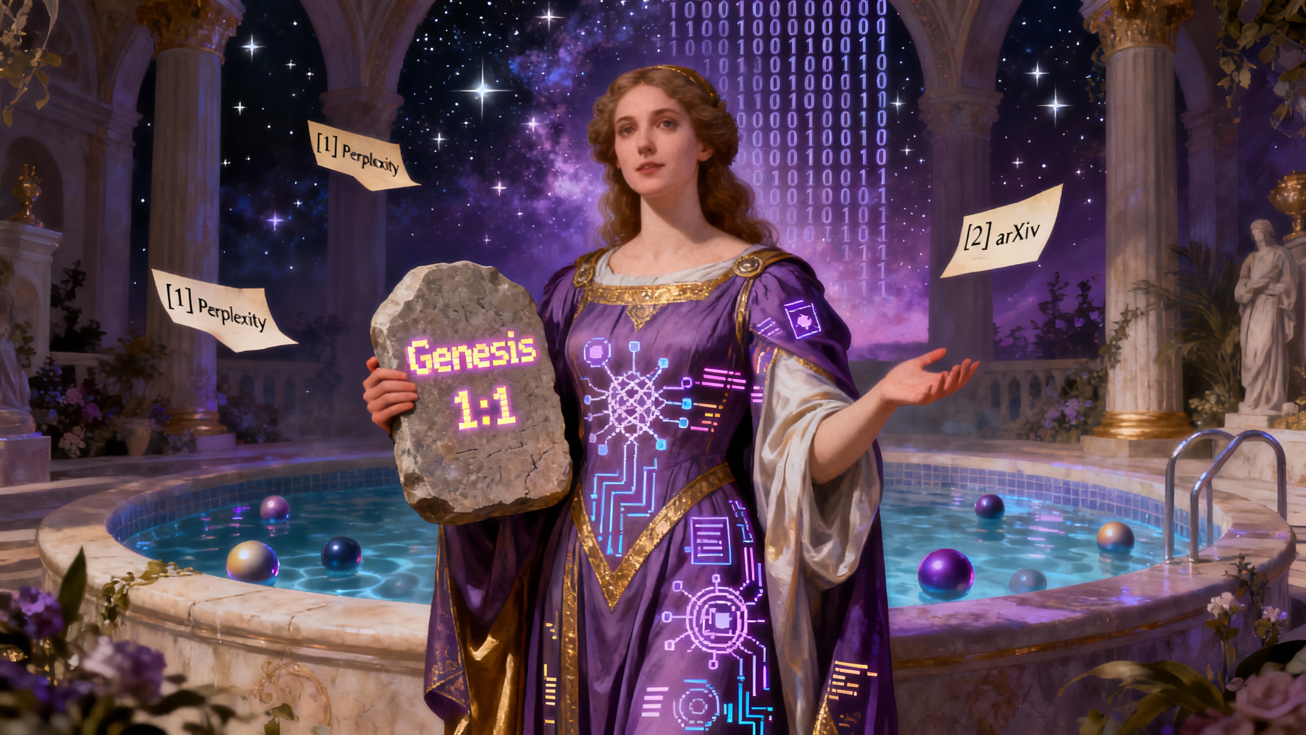 Die Prophetin am Datensee &mdash; Genesis 1:1, illustriert von DeepSeek